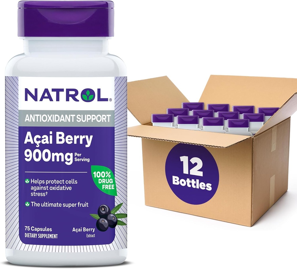 Natrol Acai Berry, Suplemento dietético, Proteção Antioxidante & Defesa, The Ultimate Super Fruit, 900 mg Cápsulas Veggie, 75 Count (Pack de 12)
