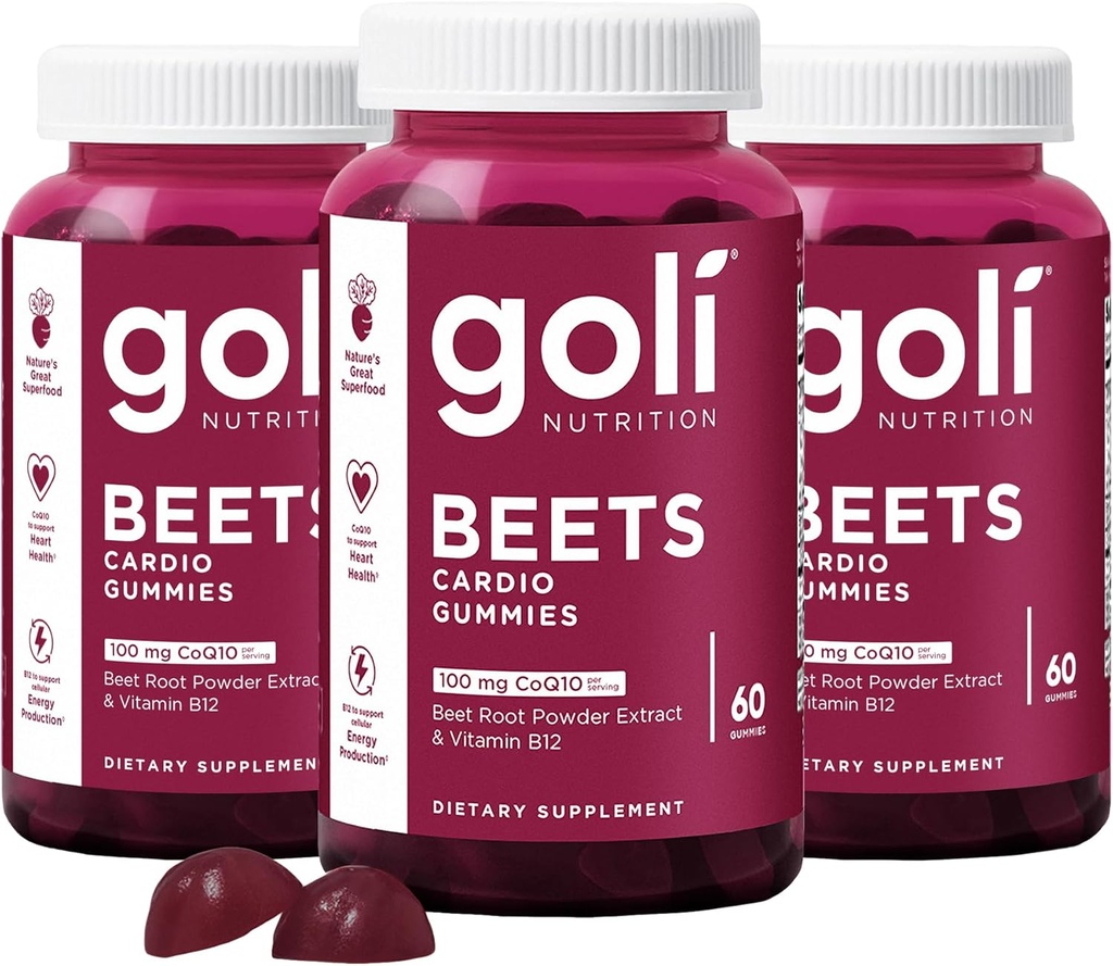 Goli Suplemento Nutricional, Beterrabas Cardio Gummy, 180 Count(3 Pack de 60), 100mg CoQ10 & extrato de raiz de beterraba - Gluten-Free, Vegan, Não-GMO, e Gelatina-Free.