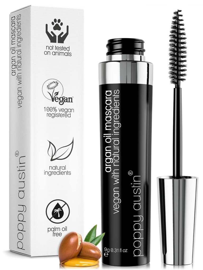 Poppy Austin Mascara Orgânica, Natural, Vegan, Paraben-Free, Cruelty-Free - Mascara hipoalergênica Alongamento e volumização com óleo de Argan - 0.31 Fl Oz (Preto)