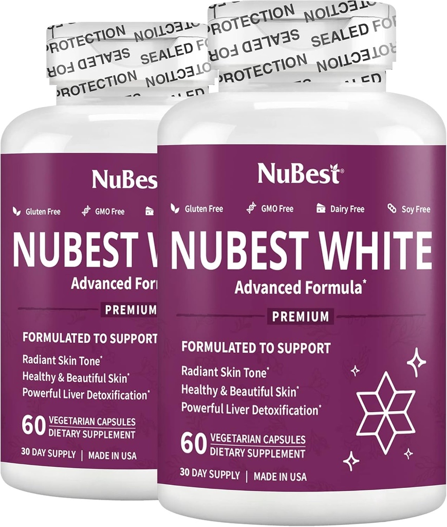 NuBest White - Skin Whitening Supplement, Suplemento para Anti Envelhecimento com Glutationa, Vitamina C, E, B2, Extrato de Cardo de Leite, Extrato de Chá Verde para Iluminar e Iluminar Pacote 2