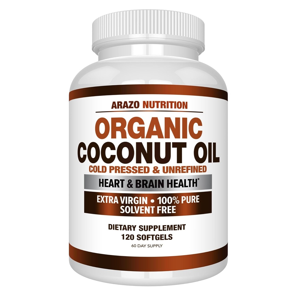 Arazo Nutrition Organic Coconut Oil 2000 MG - 100% Extra Virgin não refinado frio prensado para suporte de peso, pele, cabelo, unhas - 120 Cápsulas Softgel