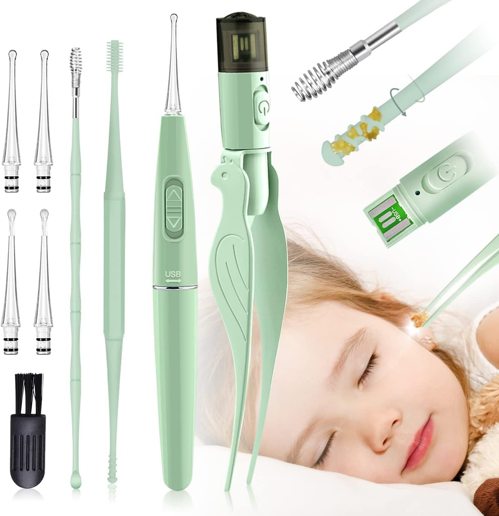 Ear Wax Removal Tools,9 Pack Ear Cleaning Tool,Ear Pick com 2 luzes LED,Built-in USB Ear Wax Remover para crianças e adultos