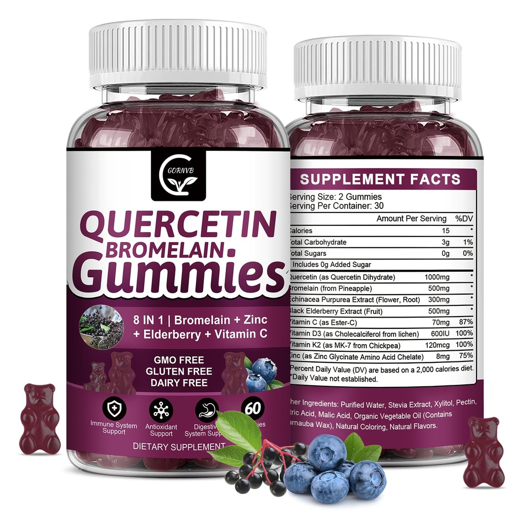 Quercetin Gummies com Bromelain 2378mg - Mistura com Elderberry, Echinacea Purpurea Extract, Zinco, Vitamina C,D3,K2, Suportes Complexos Imune, Cardiovascular & Respiratório, Gummy Vegan para Adulto & Kid