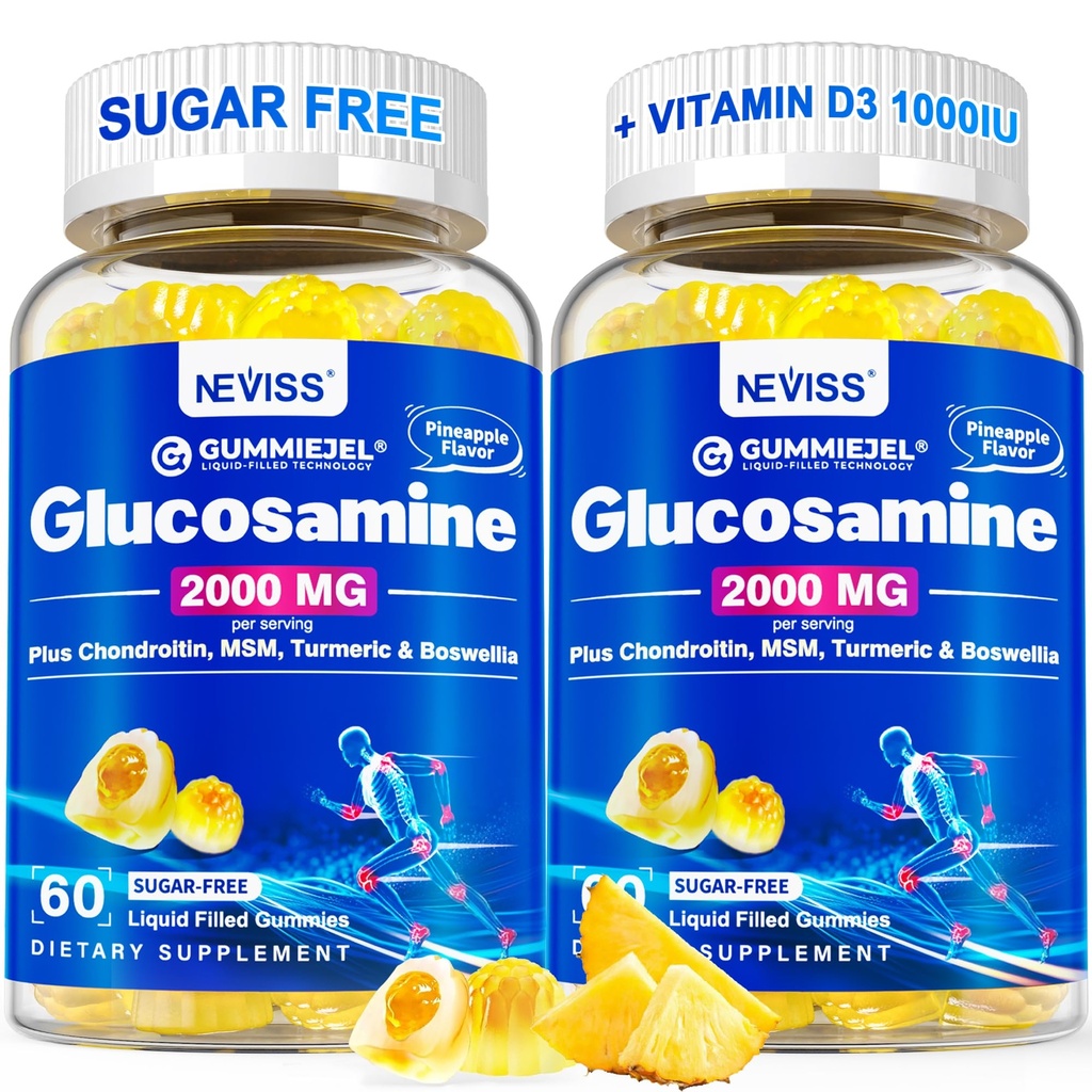 Glucosamina sem açúcar chicletes preenchidos - Suplemento de glucosamina mais condroitina, HSH, Açafrão, Boswellia, Ácido hialurônico, Vitamina D3 & Zinco, 120 chicletes, 60 Servings