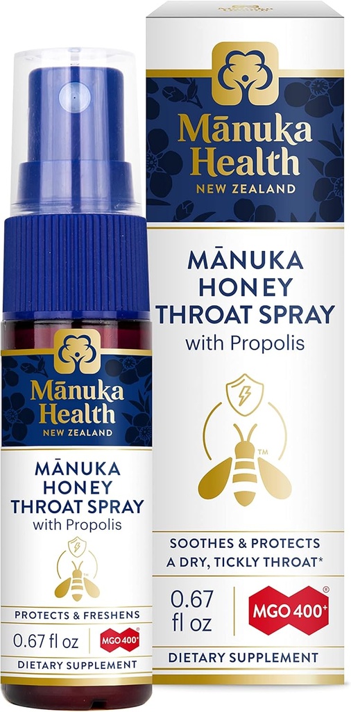 MANUKA SAÚDE, Manuka Honey Throat Spray com Própolis .67 fl oz, Protects & Freskens, MGO 400+, BIO30 New Zealand Própolis
