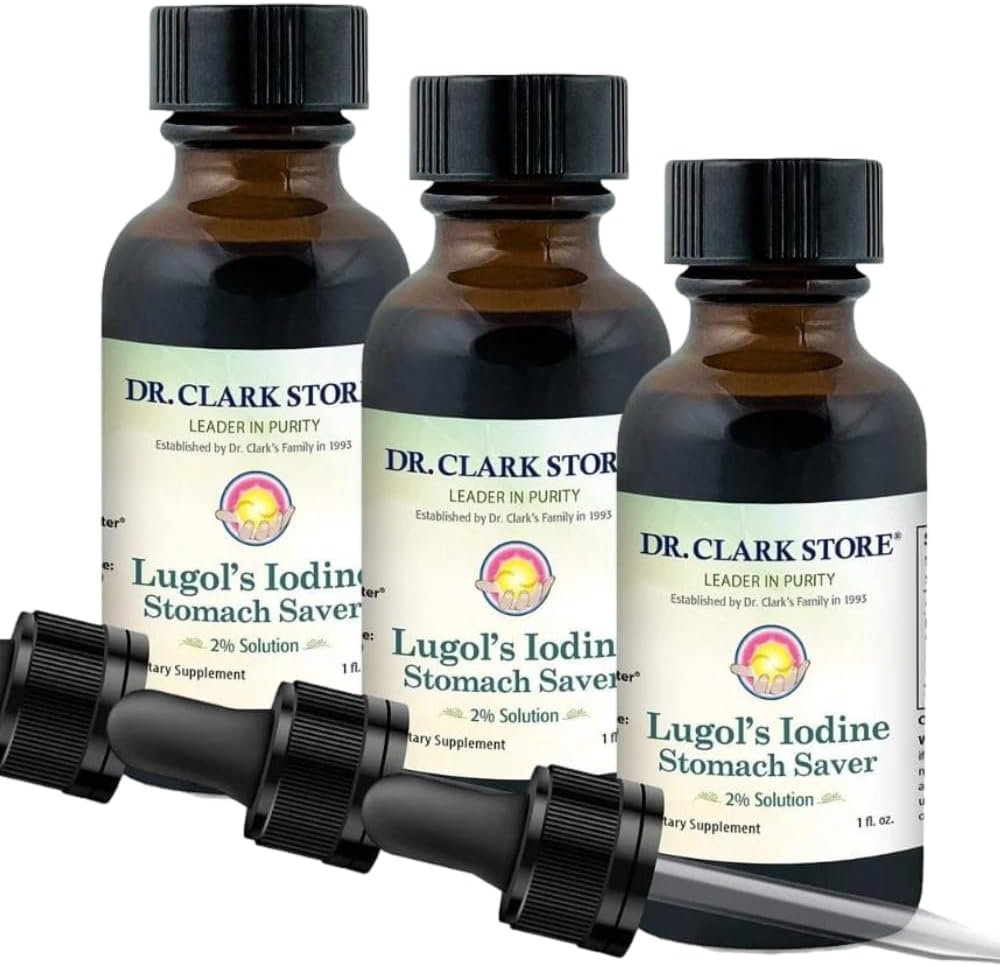 Solução de Iodo 2% do Dr. Clark Lugol - Iodo Aquoso e 2% Granular - Alivio do Estômago Natural e Cuidados de Saúde - 1 fl. Oz com um Dropper 3Pack