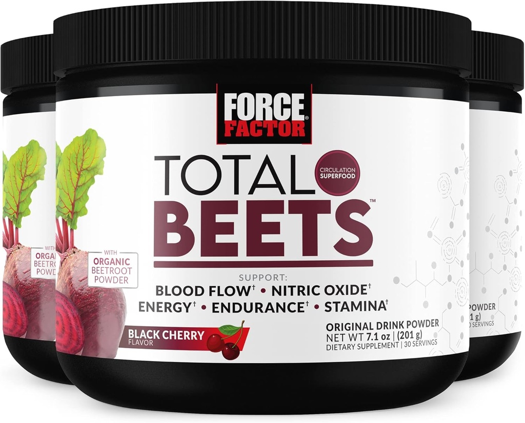 FORCE FACTOR Total Beets Superfood Raiz de beterraba em pó 3-Pacote, Nitratos para apoiar a circulação, fluxo de sangue, óxido nítrico, energia, resistência, resistência, cardiovascular coração saúde Suplemento, 90 Servings