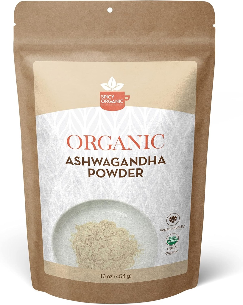 SPICY ORGANIC Organic Ashwagandha Root Powder – 1 lb., Non-GMO, 100% cru da Índia – Ginseng indiano (Withania Somnifera) – Suporte ao estresse natural, energia e saúde imune