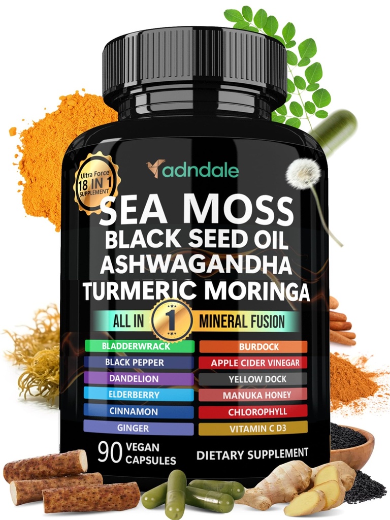 Adndale Sea Moss Black Seed Oil Ashwagandha Ginger Cápsulas. Cápsulas SeaMoss com óleo de semente preta, Ashwagandha, Açafrão, Moringa, Bexiga, Root Burdock, Manuka Honey, Canela