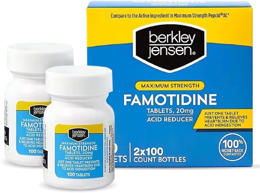 Berkley jensen Força Máxima Famotidina 20 mg - (contagem de 200), Comprimidos Redutores de Ácido, Alivia Azia Induzida por Refeição e Indigestão Acidêmica Sintomas, Prevenção e alívio da Azia Todos os Dias