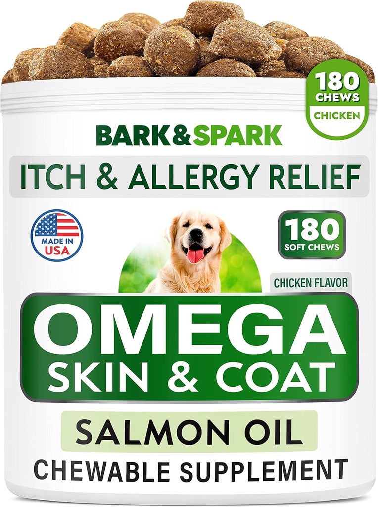 BARK & SPARK Omega 3 para cães - 160 Fish Oil Treats para cães - Skin and Coat Supplement - EPA & DHA Fatty Acids - óleo de salmão canino - biqueirão