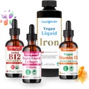 LIQUIDHEALTH Vegan Daily Essentials Kit inicial de vitamina com metil orgânico B12 Drops, Colágeno Líquido Vegan + Biotina, Ferro Líquido, Vitamina D3 Drops - 100% suplementos de vitamina baseada em plantas, Feito nos EUA