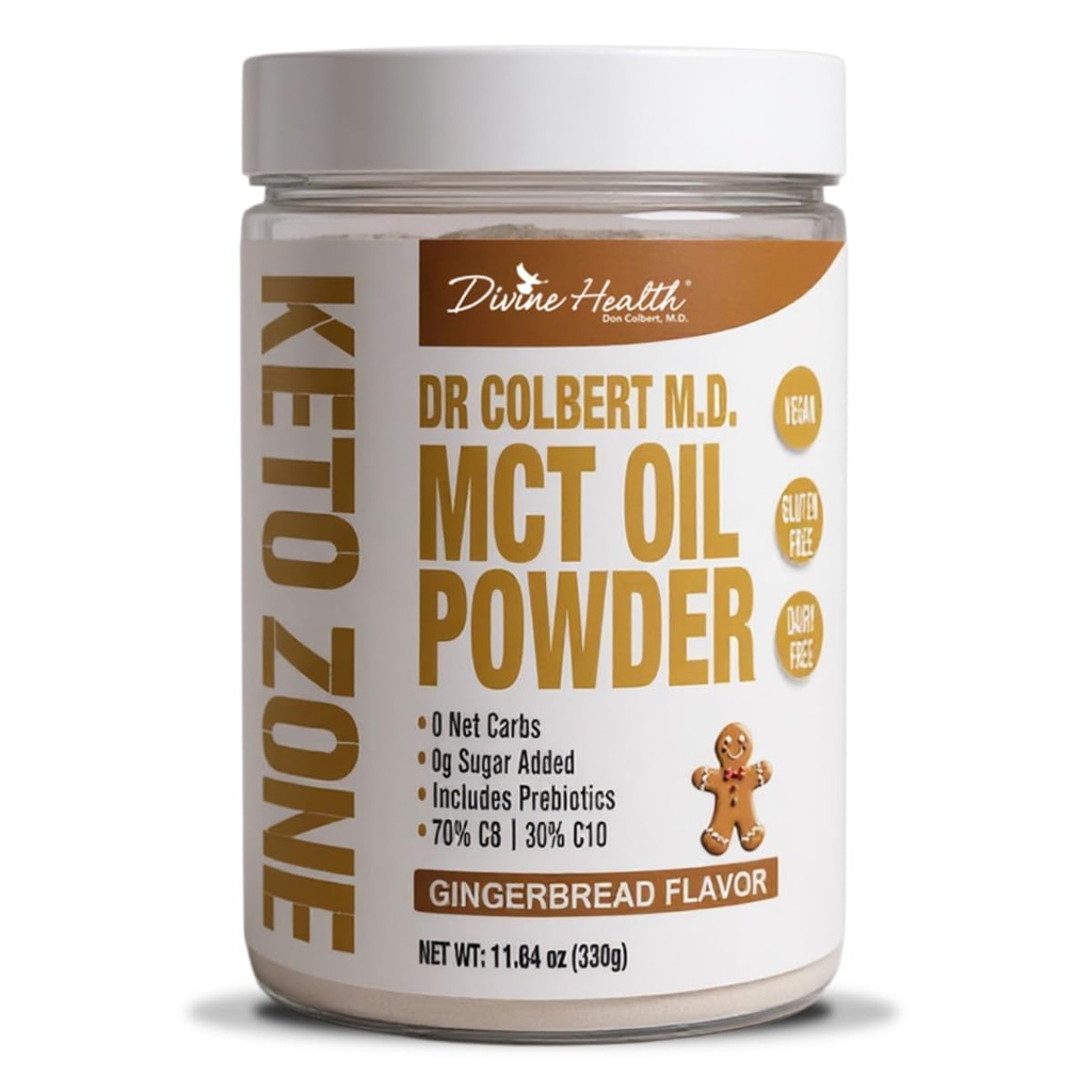 Saúde Divina Keto Zone® MCT Oil Powder (Pão de Gengibre) 330 G Fonte de 30 dias do Dr. Colbert's Keto Zone Diet Book (Greamer de Café) 70% C8 30% C10
