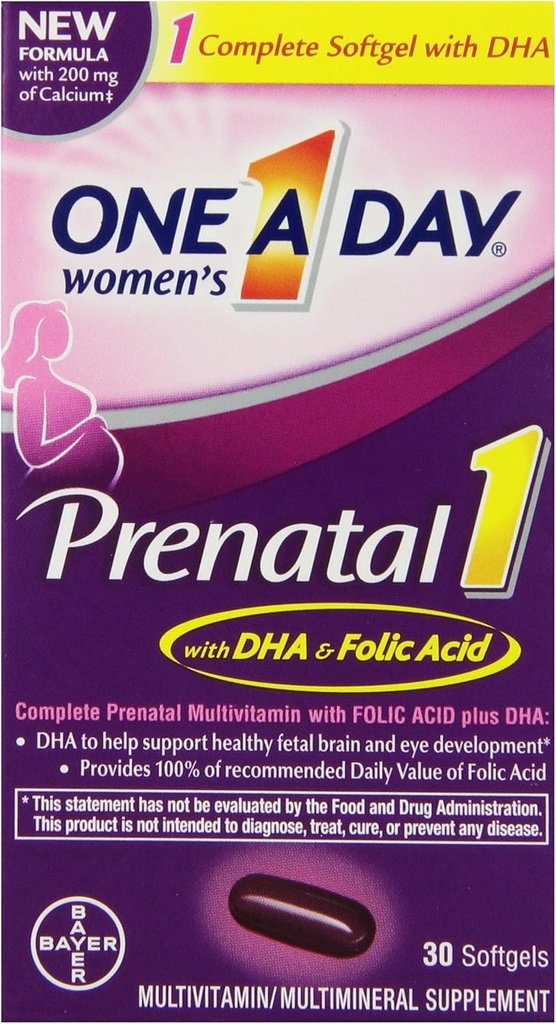 1 Multivitamínico pré-natal feminino por dia, suplemento para antes, durante e pós gravidez, incluindo vitaminas A, C, D, E, B6, B12, e Omega-3 DHA, 30 Conde