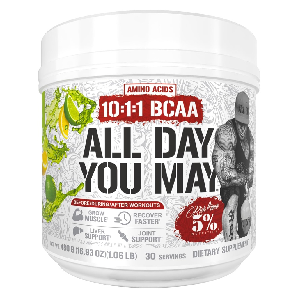 5% Nutrition Rich Piana AllDayYouMay BCAA Powder □ Premium Intra & Post Workout Amino Acids, Hydration, Endurance, Muscle Recovery, Joint & Liver Support