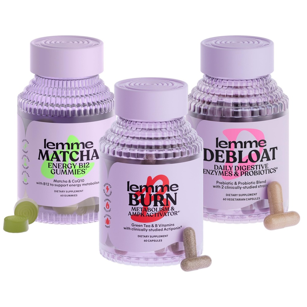 Lemme Burn, Debloat & Matcha Bundle - Metabolismo e cápsulas de queima de gordura + Bloating & Gas Relief Cápsulas + Energia B12 Gummies - Gluten-free, Non-GMO - 60 ct. ea