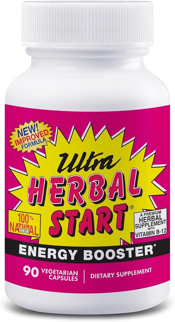 Ultra Herbal Start Energy Booster - com B-12, Panax Ginseng, Yerba Mate, Kola Nut, espirulina e Echinacea     , Promove o aumento natural de energia, resistência e resistência , Suplemento - 90 Cápsulas