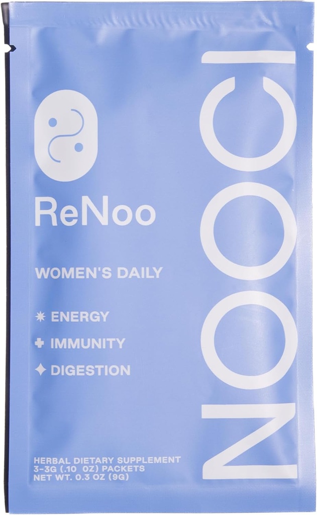 NOOCI ReNoo Women's Daily Powder for Energy, Imunidade, Digestão □ Tamanho de viagem □ Não adicionado de açúcar □ Não-GMO Vegan □ 3 saquetas, Chá verde