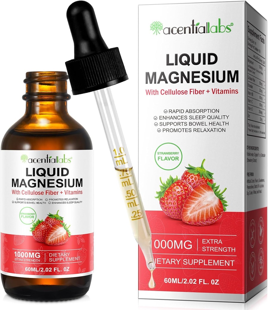 Líquido de magnésio,Líquido de magnésio 1000Mg, Gotas de magnésio,Suplemento de magnésio liquido,com fibra de celulose, Vitamina B6, C, D, Zinco, Saúde Digestiva,Promove relaxamento,Sem açúcar,2 Fl Oz