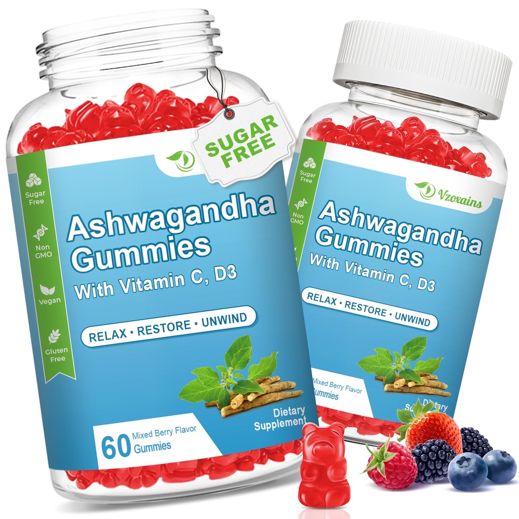 2 Pacote Ashwagandha Gummies com vitamina D para mulheres e homens, Açúcar grátis Vegan 1000MG Ashwagandha Suplemento Gummy & Vitamina C, 120 Conde