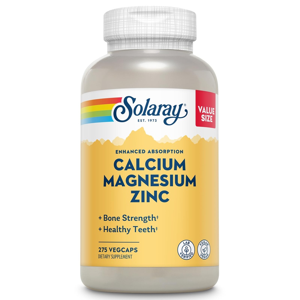 SOLARAY Cálcio Magnésio Zinco Suplemento - com cálcio 1000mg, Magnésio 500mg - Saúde Óssea, Função Músculo, Saúde do Coração e Apoio Imune - Vegan, 60 Dia Garantia, 68 Servimentos, 275 VegCaps