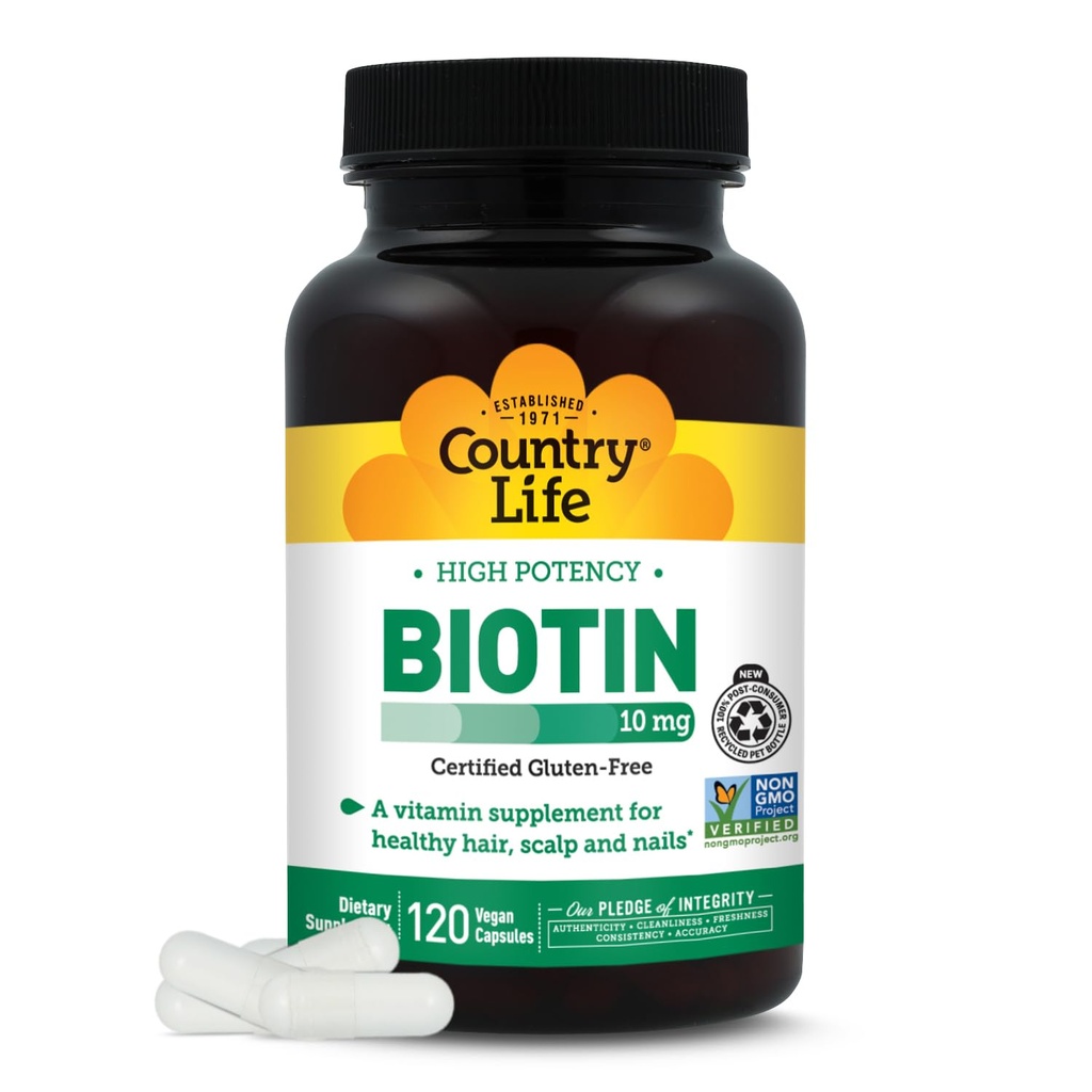 País Vida Biotin de alta potência 10mg - Vegan & Gluten-Free Biotin Suplemento para pele e unhas, Metabolismo de energia - Biotin 10000mcg Cápsulas