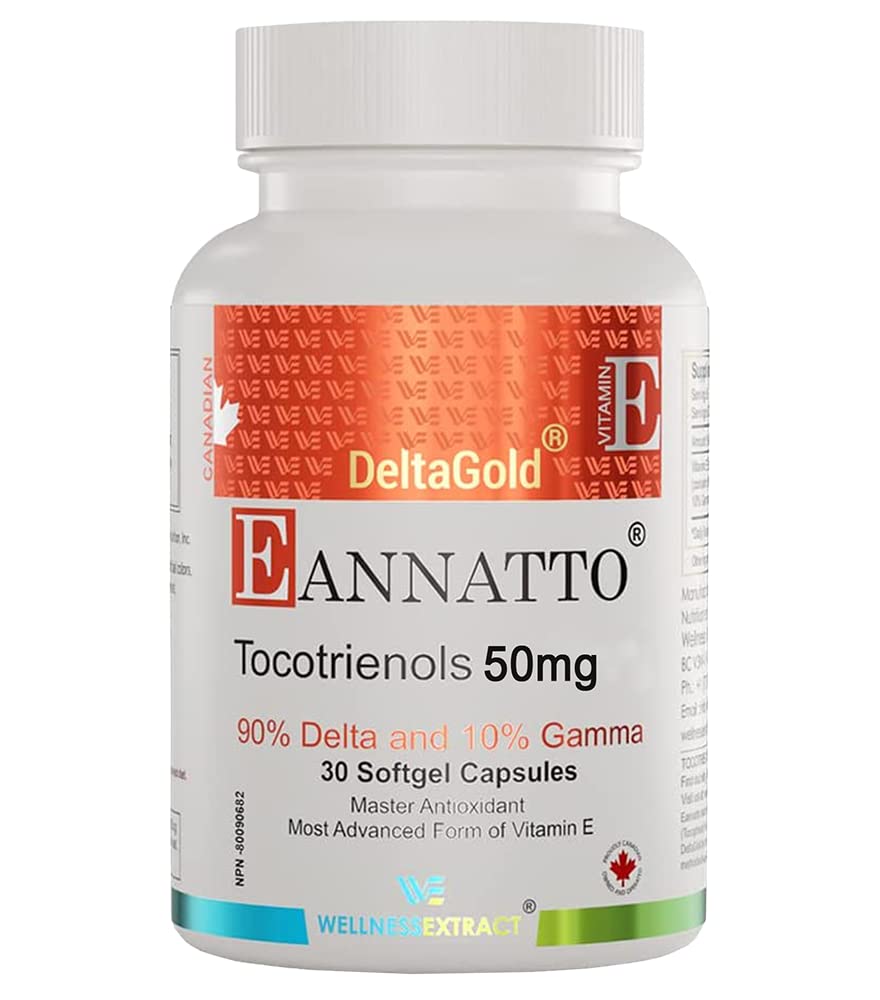 WELLNESS EXTRACT Eannatto Tocotrienols Deltagold Vitamina E Suplementos Softgels, Tocoferol Livre, Suporta Saúde Imune, Não-GMO, Glúten Livre e Antioxidante (50MG 30 Softgels).