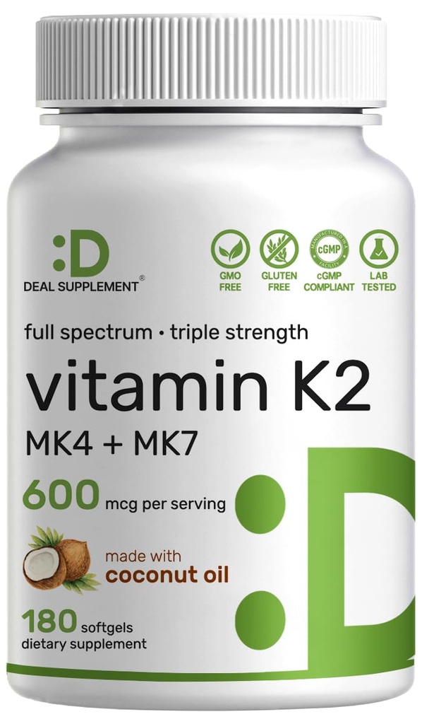 SUPPLEMENT DEAL Suplemento de vitamina K2 600mcg, 180 Óleo de coco Softgels - Espectro completo alta absorção MK-7 & MK-4 Formas - Suporte ósseo, conjunto e imunológico - Não-GMO