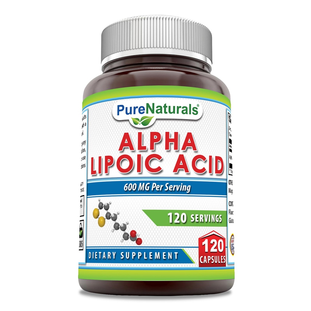 Pure Naturals Alpha Lipoic Acid 600 mg 120 Cápsulas Suplemento □ Não-GMO □ Gluten Free □ Made in USA