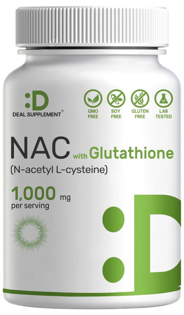 SUPPLEMENT DEAL NAC Supplement (N-Acetil Cysteine) 1000mg por serviço com Glutationa reduzida, 240 Cápsulas – Suporte antioxidante para a saúde imunológica, pulmão, e função hepática