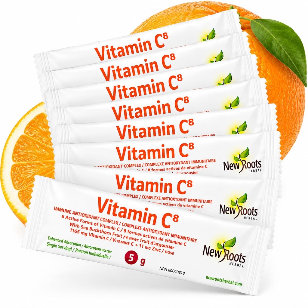 Vitamina C8 Powder Imune Support (30 saquetas) Deliciosa bebida com 8 diferentes formas de vitamina C, eletrólitos, bioflavonóides e chá verde para máxima absorção e defesa antioxidante