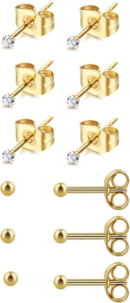 6Pairs 2mm/3mm de aço cirúrgico Studs perfurantes hipoalergênicos, 20G 14K Real Gold encheu minúsculos brincos Stud para perfuração de furo múltiplo (zircônia cúbica, pérola, bola)