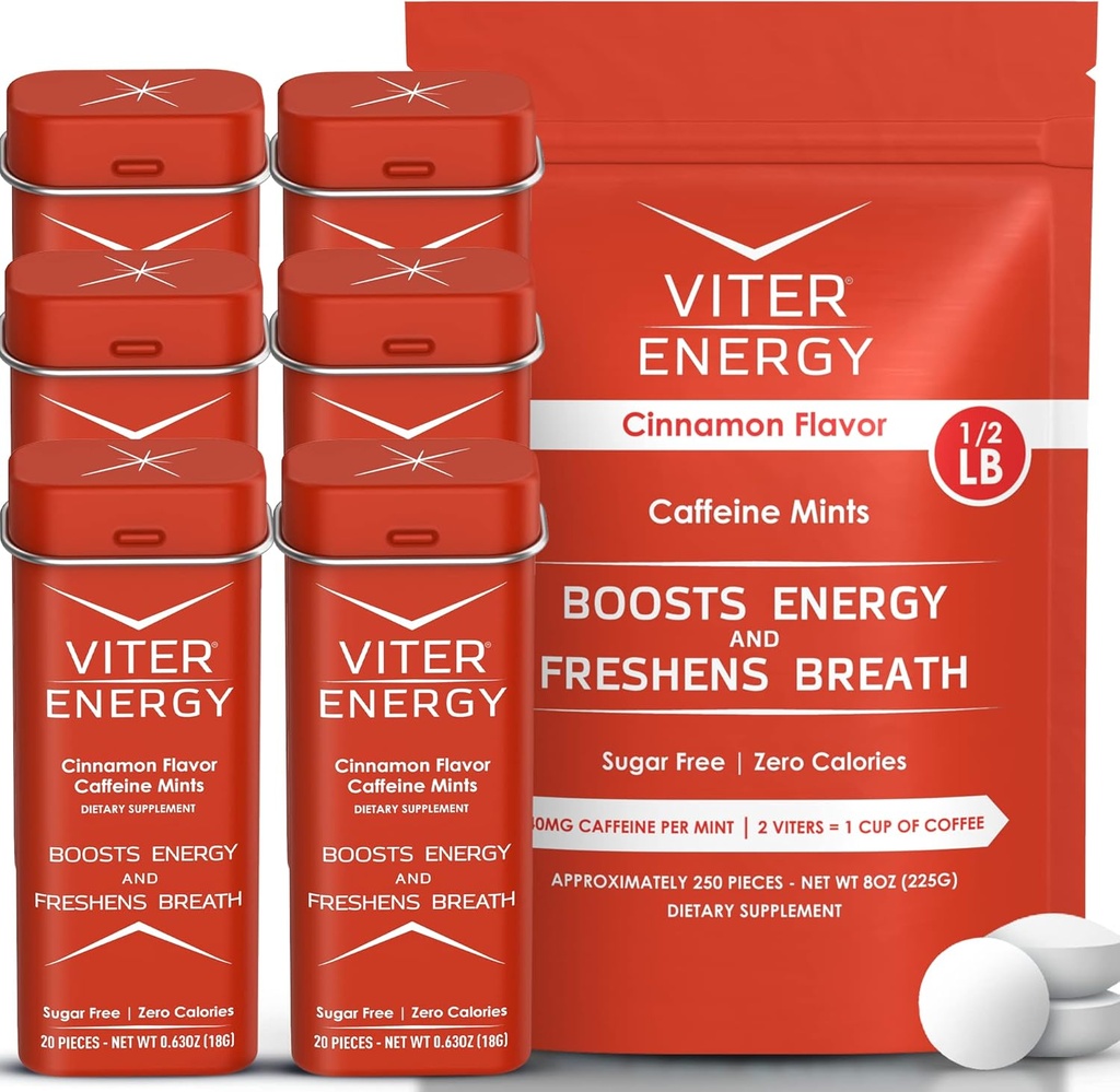 Viter Energia Original Cafeína Menta Canela Flavor 6 Pack e 1/2 Libra Bolsa em massa Bundle - 40mg Cafeína, B Vitaminas, Açúcar Livre, Vegan, Poderoso impulsionador de energia para foco e alerta