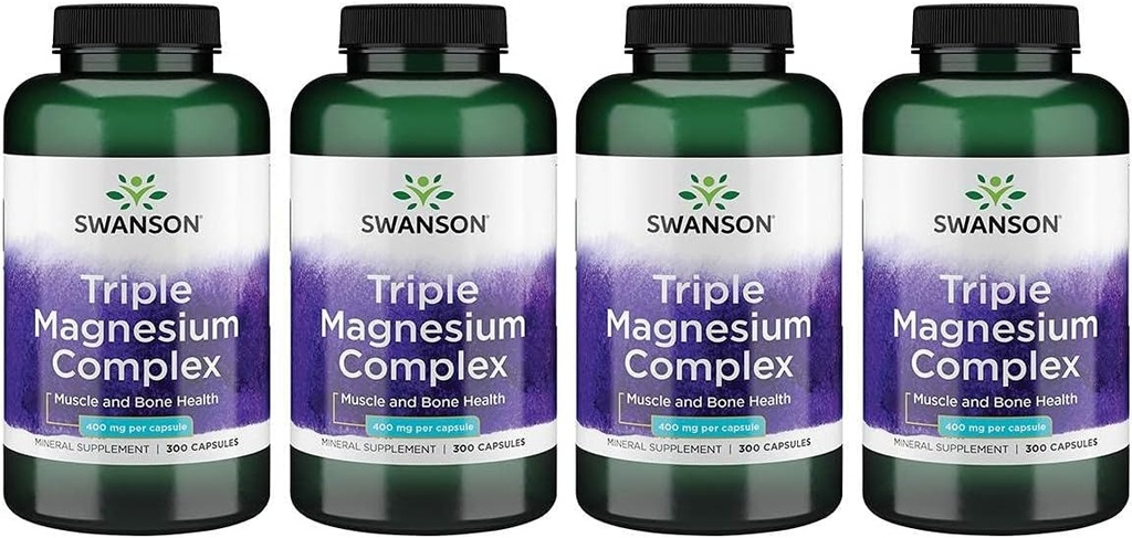 Complexo de Magnésio Triplo de Swanson - Suplemento Mineral - Suporte Natural - Com Citrato, Óxido e Aspartato - (300 Cápsulas, 400mg Cada, 4 Pacote)