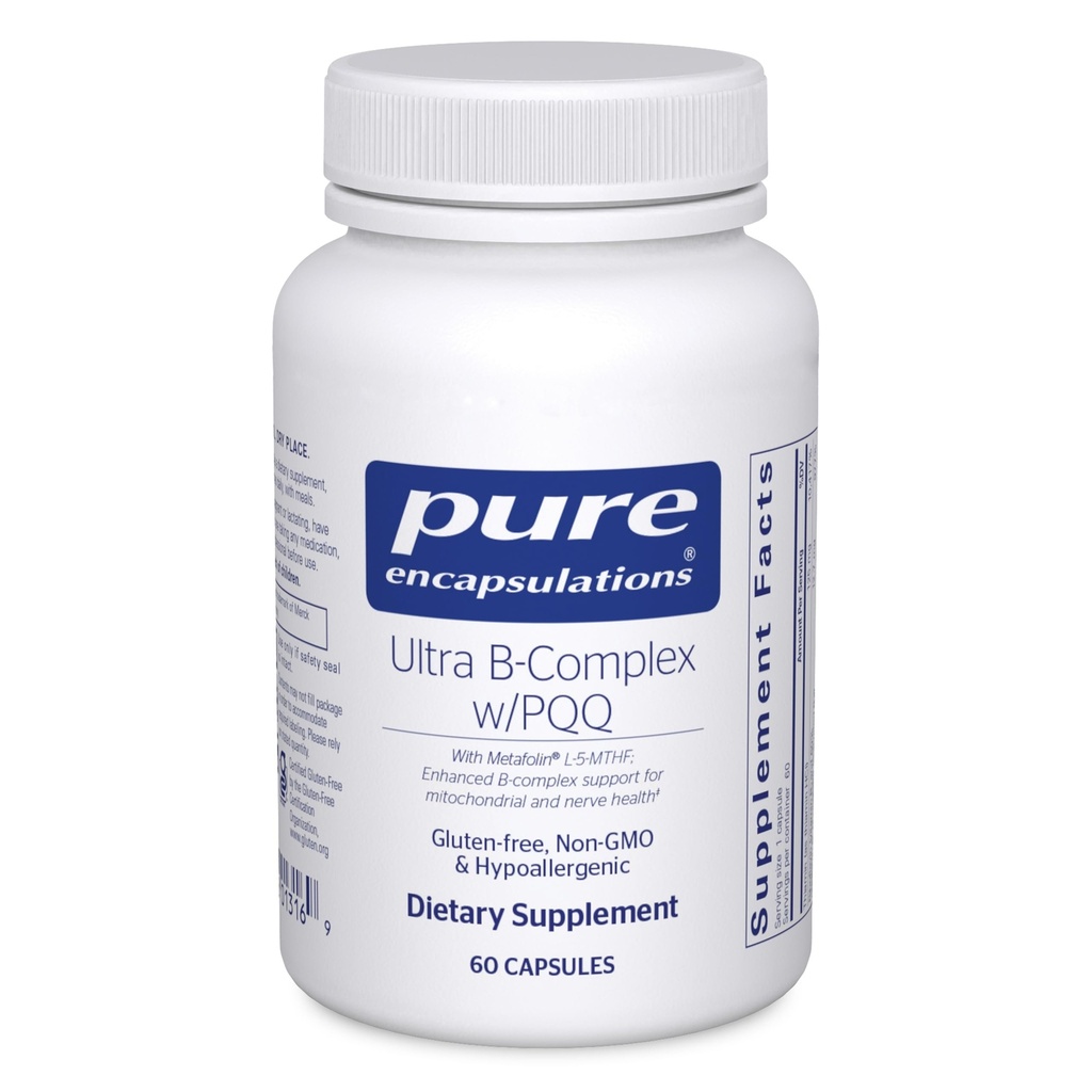 Encapsulamentos puros Ultra B-Complexo com PQQ; Suplemento de vitamina B para apoiar nervos, células, metilação e saúde mitocondrial*