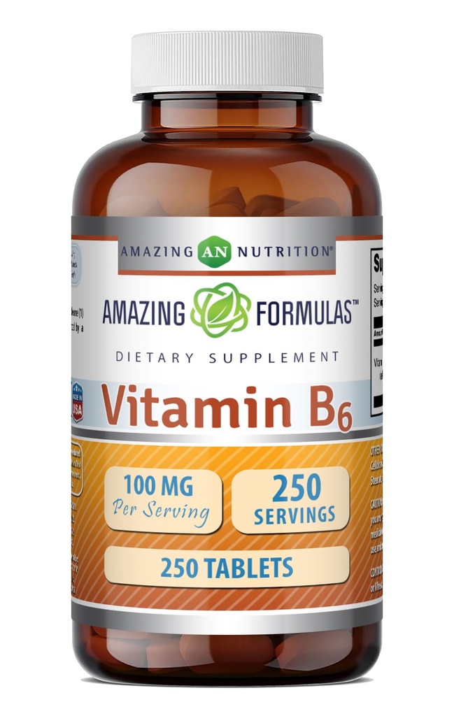Fórmulas surpreendentes Suplemento Vitamina B6 100 Mg por serviço □ Comprimidos □ Não-GMO □ Sem Glúten □ Made in USA (1 Pack, 250 Count)