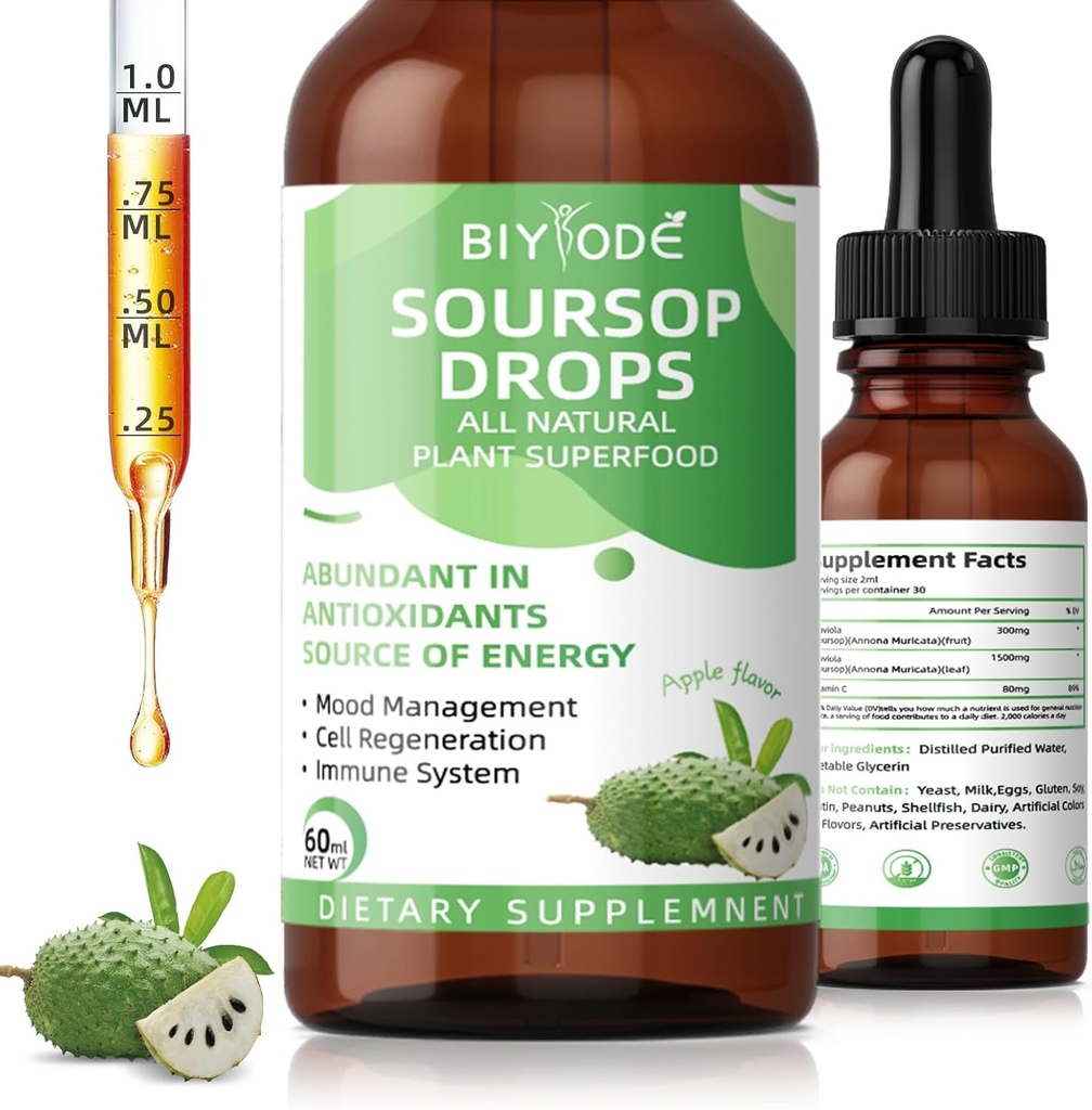 Soursop Graviola Liquid Drops: 1800mg Premium Antioxidante Suporte para Digestão Imune Saúde Relaxação sono Vegan Glúten livre de açúcar livre 1 Fl Oz 30 fornecimento dia