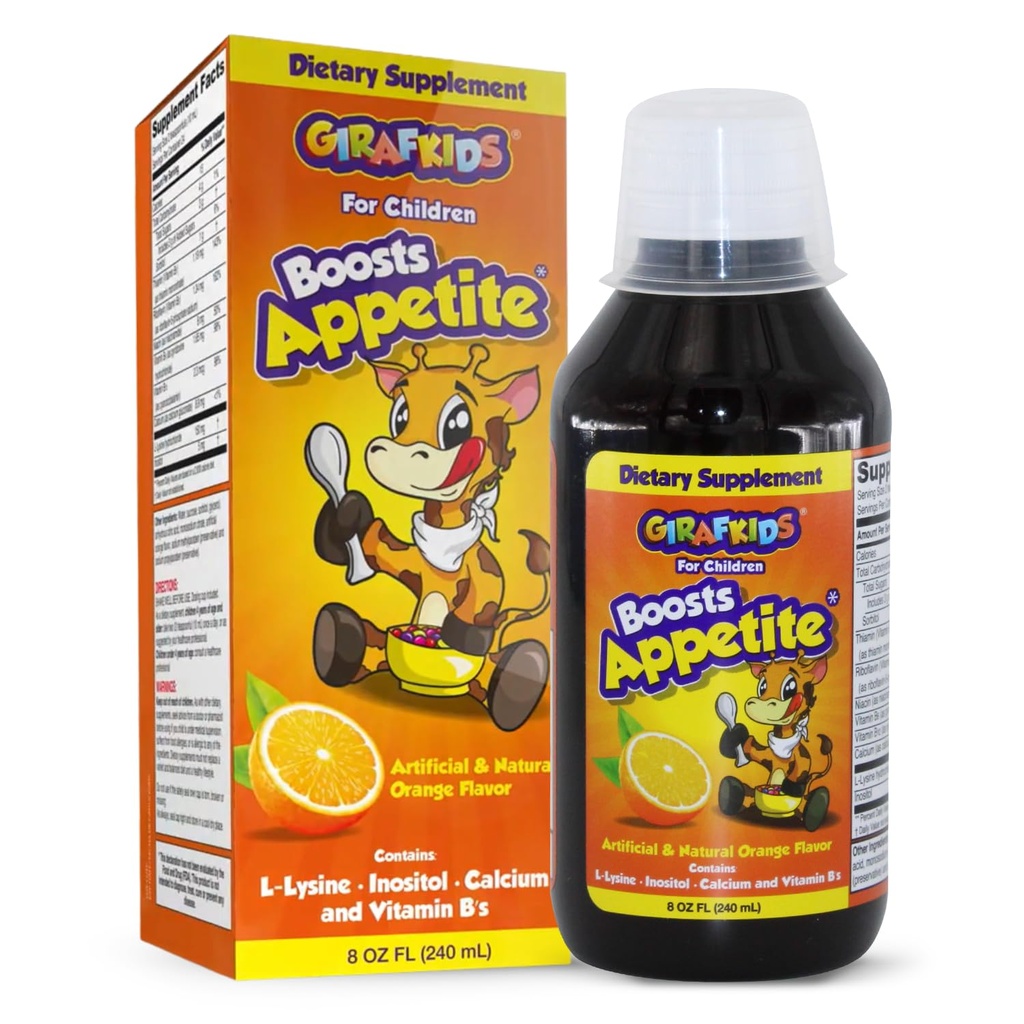 GirafKids Apetite Booster Syrup para crianças Idades 4+, 8 Fl Oz - Vitaminas para crianças, sabor laranja - Promove apetite saudável & Energia