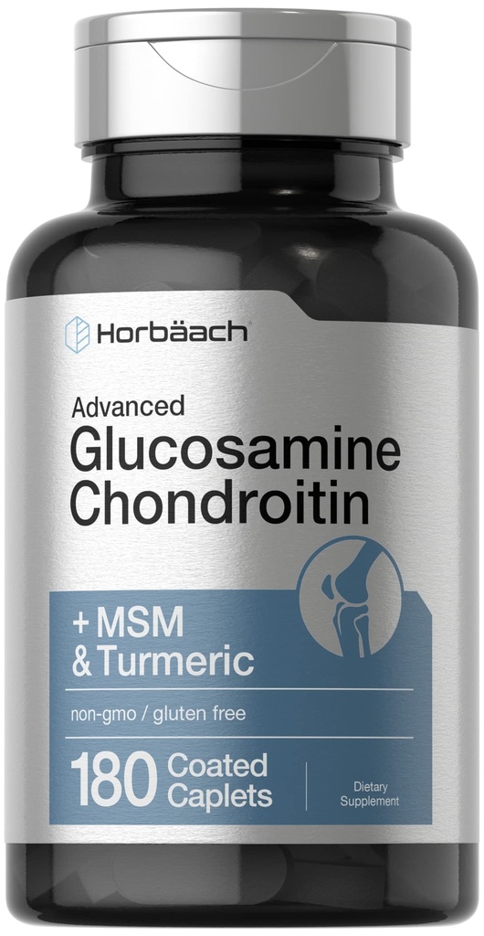 Horbäach Glucosamine Chondroitin Mais HSH & Turmeric 180 Caplets Revestidos Não-GMO, Suplemento sem glúten