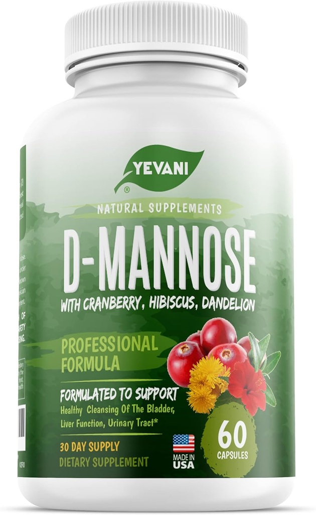 100% Pure D-Mannose Cápsulas 1000 mg com Cranberry, Hibiscus, e extrato de dente-de-leão, fórmula de prevenção de ITU profissional de ação rápida para saúde de trato urinário e suporte de bexiga