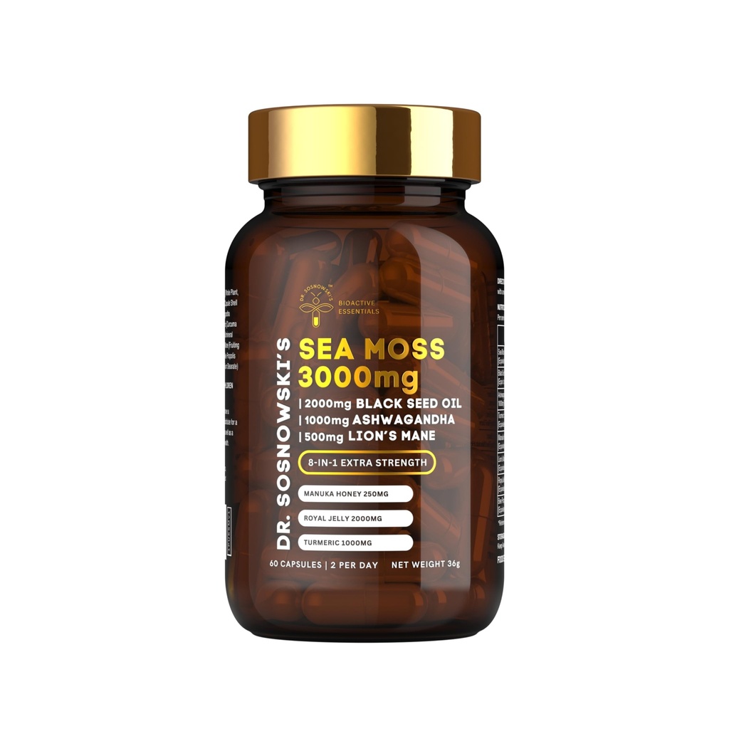 BioActive Sea Moss do Dr. Sosnowski Fórmula 8-em-1 Enriquecida com Sementes Negras, Ashwagandha, Açafrão, Mel Manuka, Mane de Leão, Geléia Real, Extrato de Própolis de Abelha