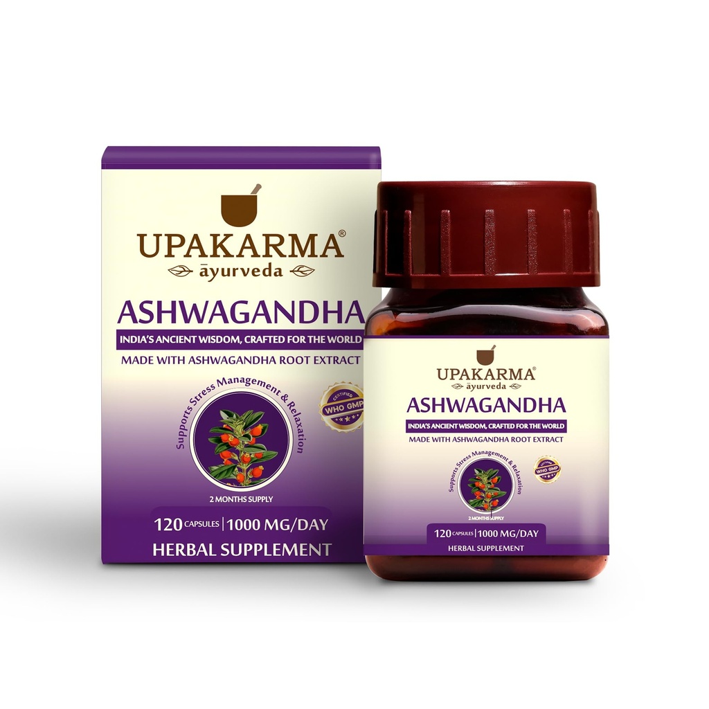 UPAKARMA Ashwagandha Fonte de 60 dias (Pure Extract Based 1000 mg por serviço) Testei laboratório, P&D Backed, 120 cápsulas Vegan, Suplementos para alívio de estresse e suporte energético