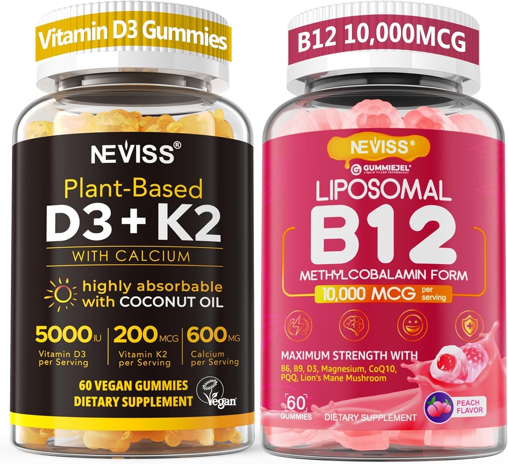 NEVISS 2Pack Vitamina D3 5000iu & K2 (como MK7) 200mcg Gummies + 600mg Cálcio + 1 embalagem Metil lipossomal B12 5000 mcg/10000 mcg