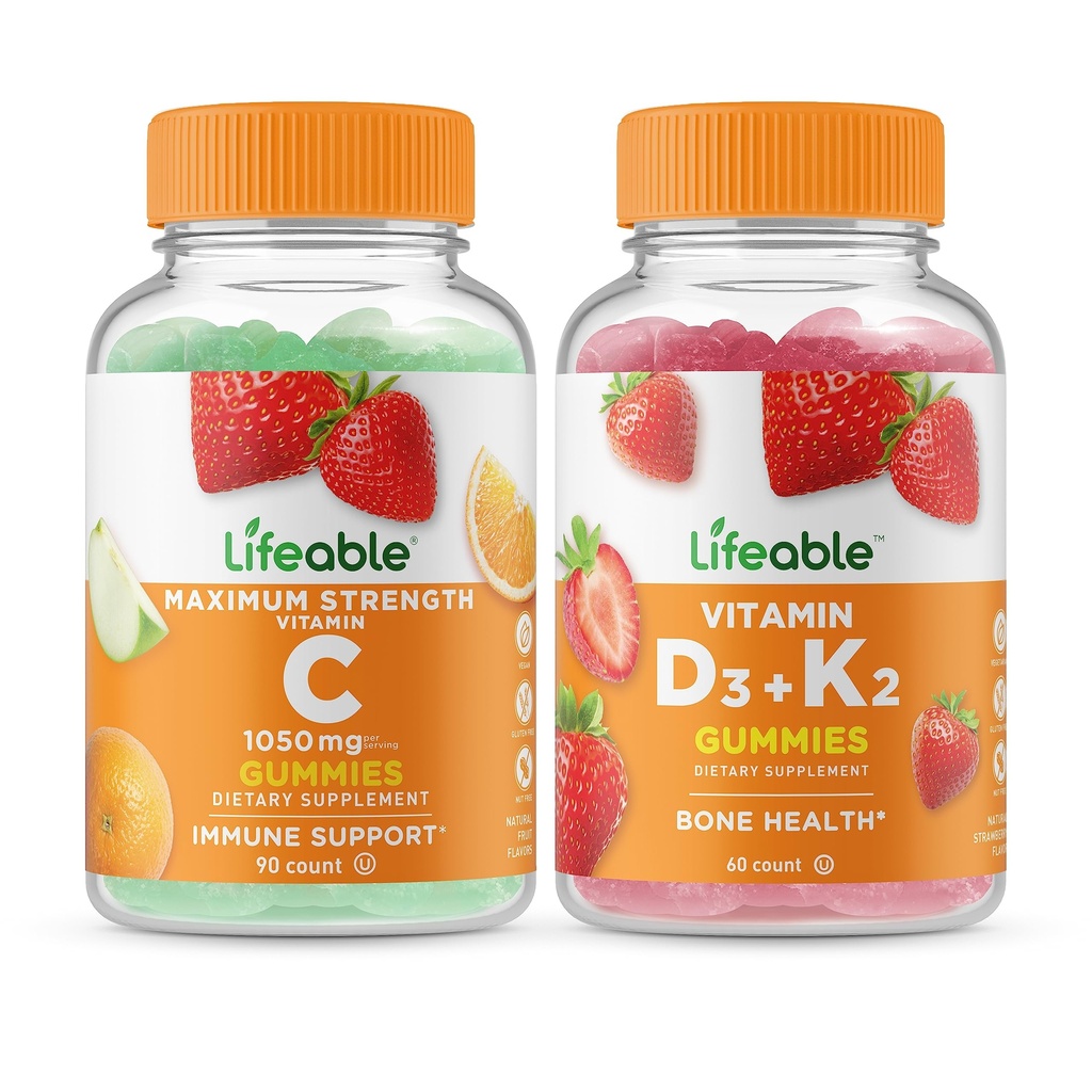 Vitamina C viva 1050mg + Vitamina D3 + Vitamina K2, chicletes Bundle - Grande degustação, Suplemento Vitamina, sem glúten, GMO livre, chiclete mastigável