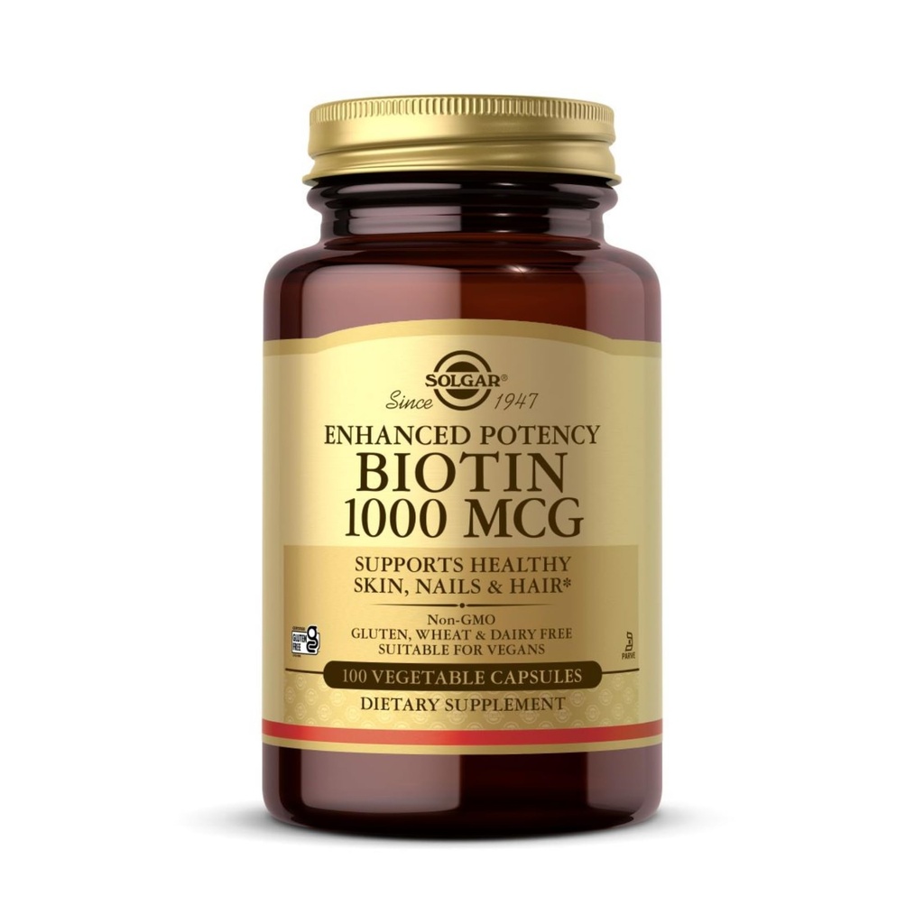 Solgar Biotin 1000 mcg - 100 Cápsulas vegetais - Suporta pele saudável, unhas e cabelo - Não-GMO, Vegan, Sem glúten, Leite Livre, Kosher - 100 Servings
