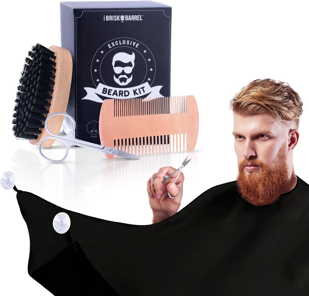 Kit de acasalamento de barba para homens 4 em 1. Escova de barba e conjunto de pente com avental Bib gratuito messy, tesoura de bigode. Pincel natural e dupla ação Comb. Noivo dos homens. Presente para o marido,
