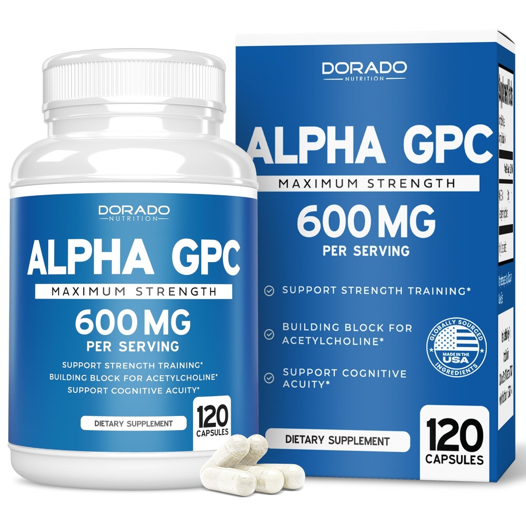 Alpha GPC Choline Cápsulas - 120 Conde, 600mg Servings (Brain Support Ajuda que apoia foco, memória, motivação, & energia (Terceiro partido testado, Vegan seguro Made in the USA) Suplemento de suporte cerebral