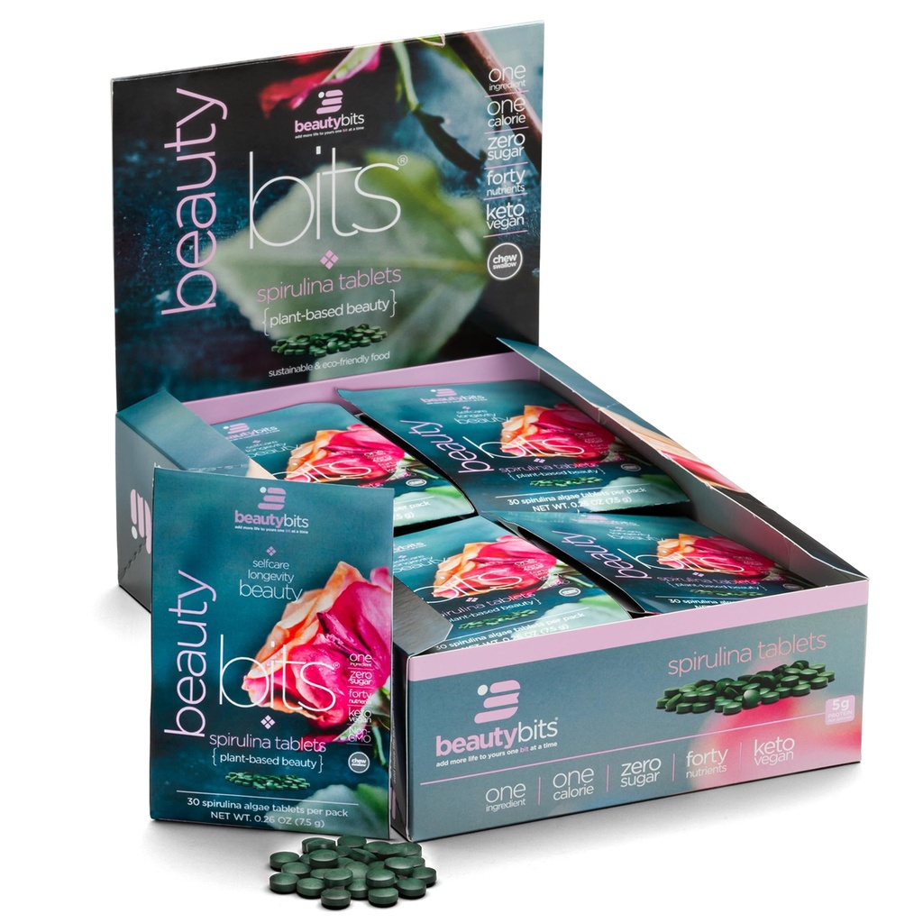 BEAUTYbits - Comprimidos de espirulina orgânica - Algae Superfood - Colágeno, Proteína, Clorofila - Cabelo, Unhas, & Cuidados com a pele - Vegan, Keto, Gluten Free - Autocuidado - Beleza de cuidados de pele - 30 Bolsas, 900 Comprimidos