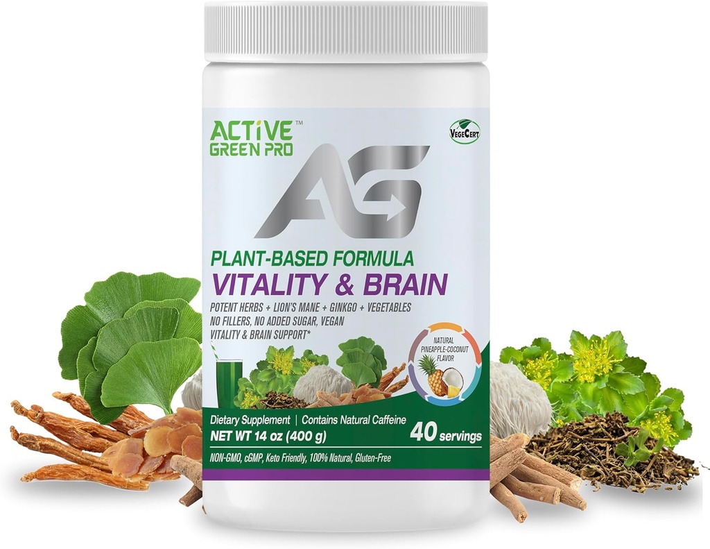 Vitalidade e Pó Cerebral, Mistura de Ervas Sinergísticas, Mane Leão, Ginkgo, e Vegetais, Fórmula Baseada em Plantas, Sem Enchimentos, Sem Açúcar Adicionado - 40 Servings