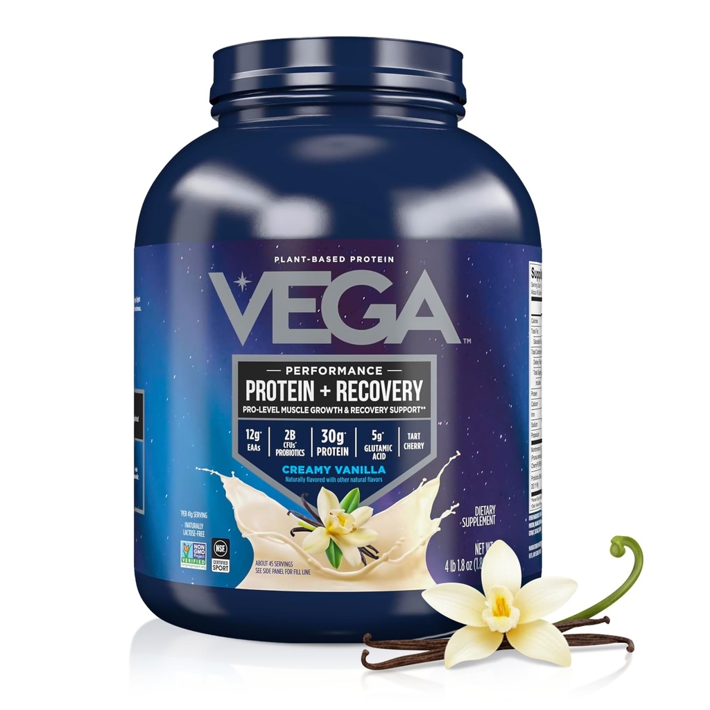 Vega Sport Vega Protein Powder + Recuperação - 30g Vegetal Based Protein per Serving, Vanilla, 45 Servings, 5g BCAAs, Probióticos, NSF Certified, For Shakes & Smoothies, 4.1lbs (Packaging May Vary)